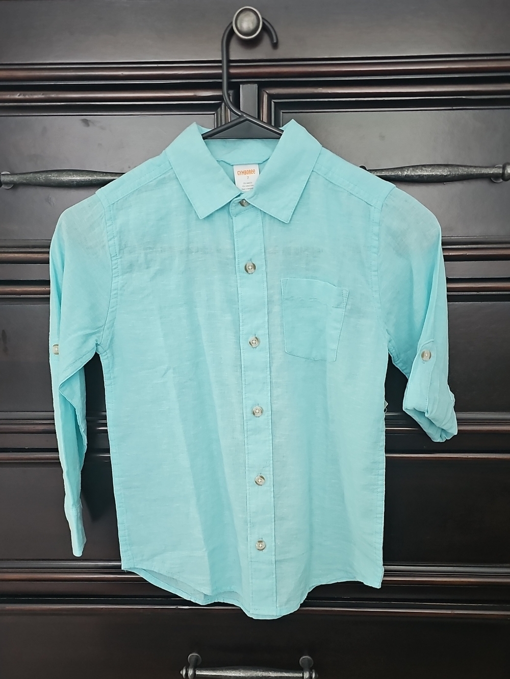 Light Teal Boys Button-Up Shirt - Casual Linen Blend 7 . Gymboree, New With Tags